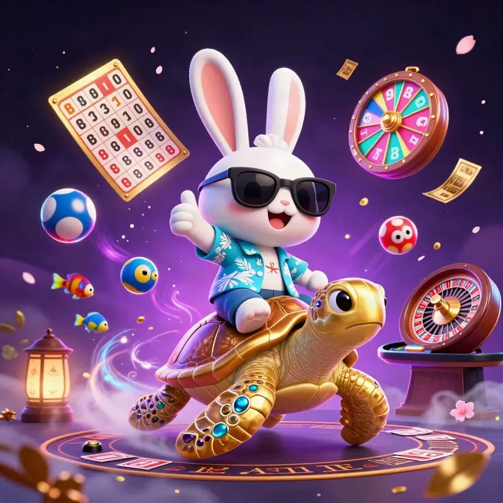 Rabbit on golden sea turtle amid casino magic, lottery balls, roulette wheel, and neon petals
