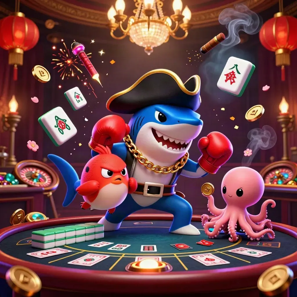 Pirate shark, boxing pufferfish, and coin-juggling octopus in a luxe casino scene.