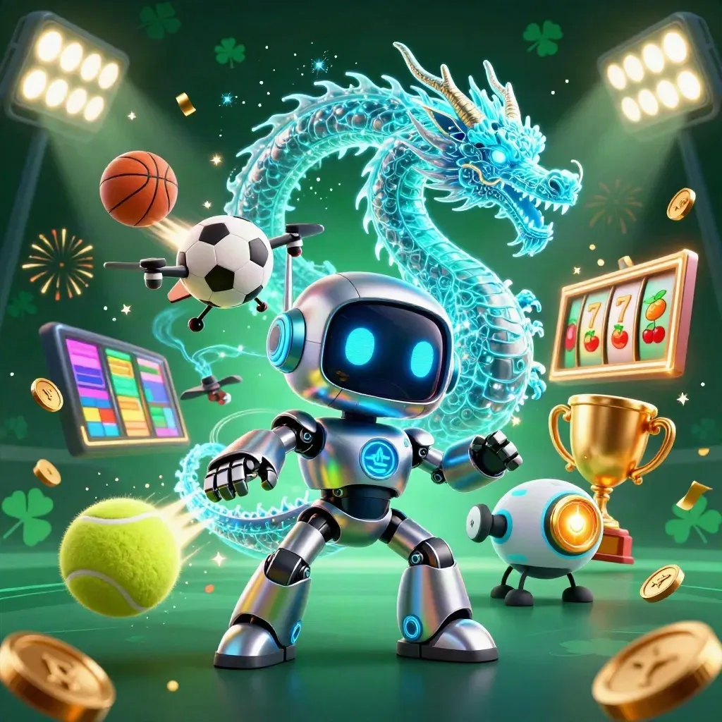Cyberpunk robot, holographic dragon, and drone amid sports balls, coins, trophy, and neon casino effects