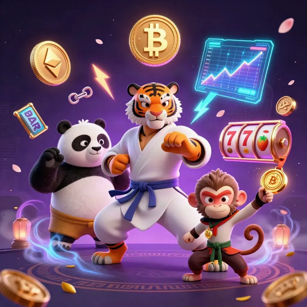 Kung-fu tiger, panda, and monkey amid neon coins, magic petals, and casino game energy.