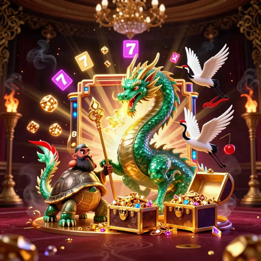 Emerald dragon, turtle sage, and cranes amid gold fire, treasure, and casino magic.