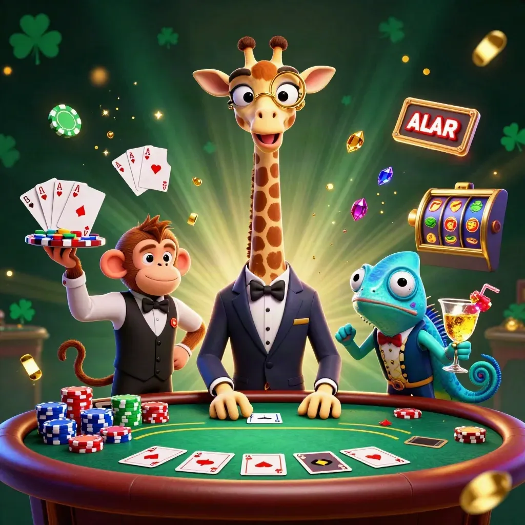 3D casino heroes at a poker table with chips, treasure bursts, and glowing lights