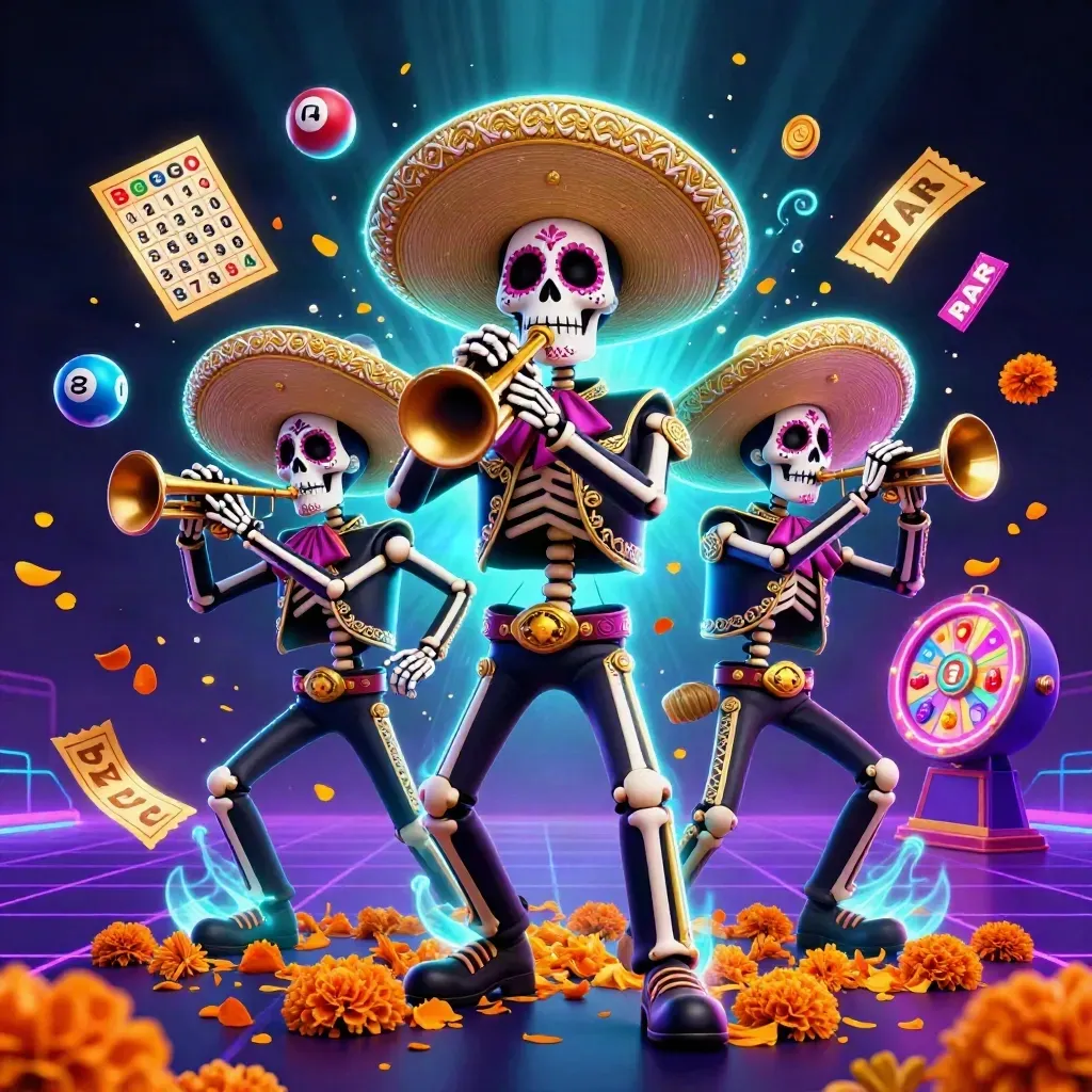 Day-of-the-Dead skeleton mariachi trio amid neon casino bursts, lottery balls, wheel, and tickets