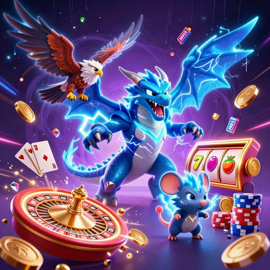 Thunder dragon, hawk, and mouse amid casino coins, gems, chips, and neon lightning in a purple void.