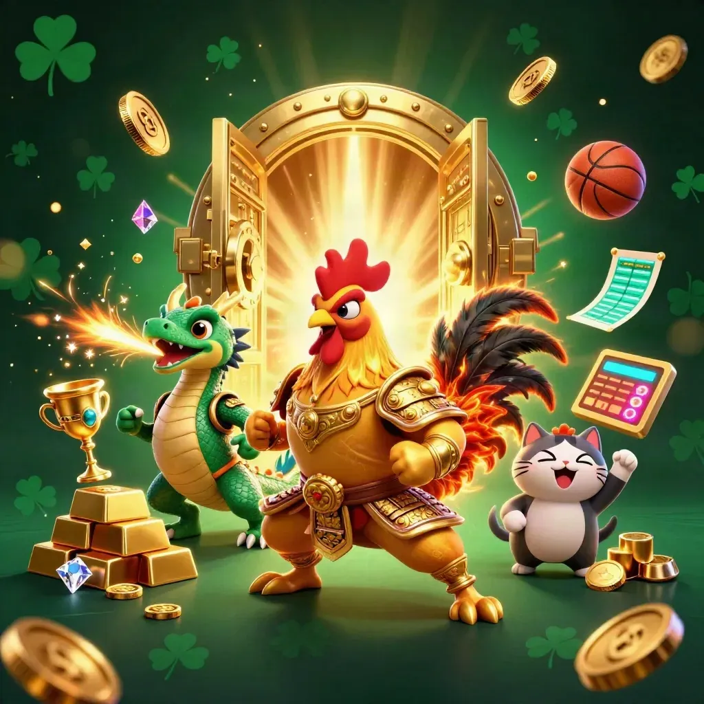 Rooster warrior, dragon hatchling, and fortune-cat amid a bursting gold vault and casino sports icons.