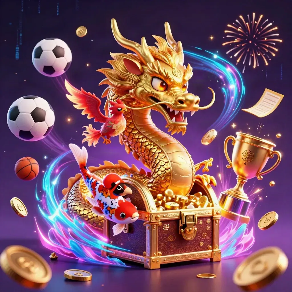 Golden dragon with phoenix and koi amid coins, sports balls, trophy, and neon casino effects.