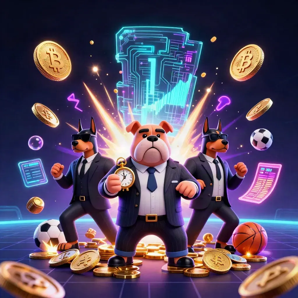 Bulldog mob boss with two Dobermans amid coins, crypto, lightning, and casino effects