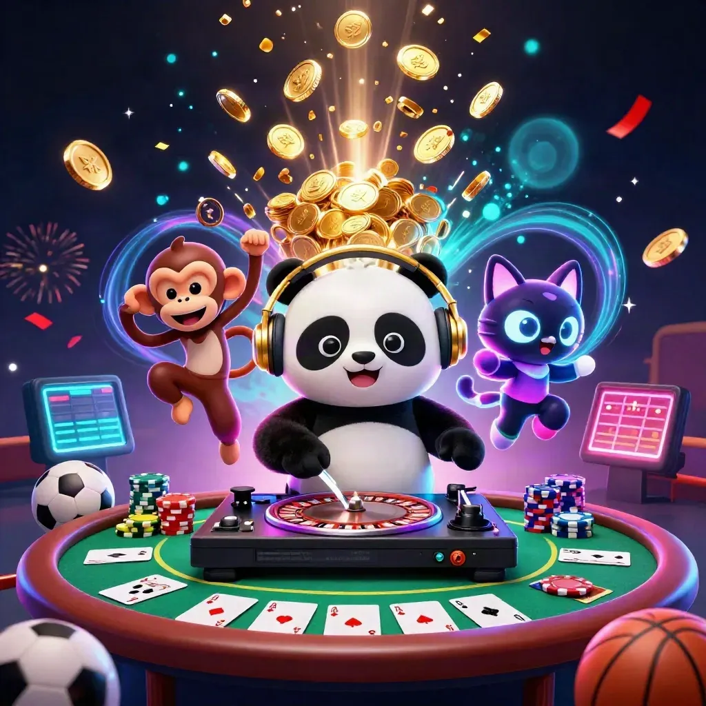 DJ panda, monkey, and glow-stick kitten amid coins, chips, aces, fireworks, and neon casino energy