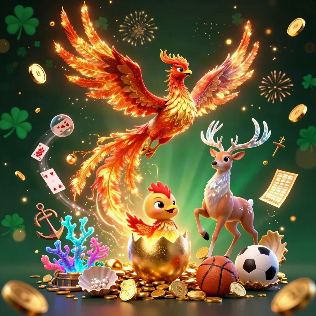 Phoenix trio amid coin storm, treasure cove, and neon casino glow.