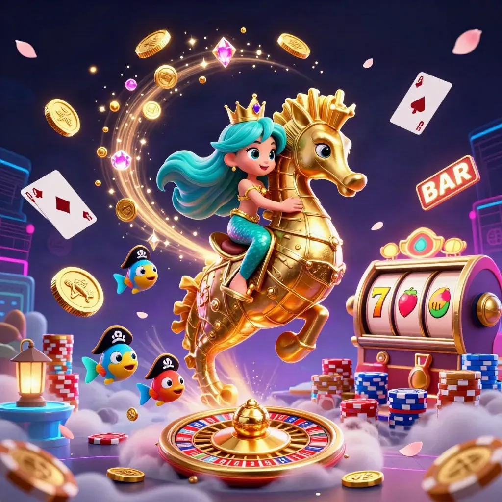 Mermaid princess on a gold seahorse amid coins, chips, cards, roulette, and neon casino magic.