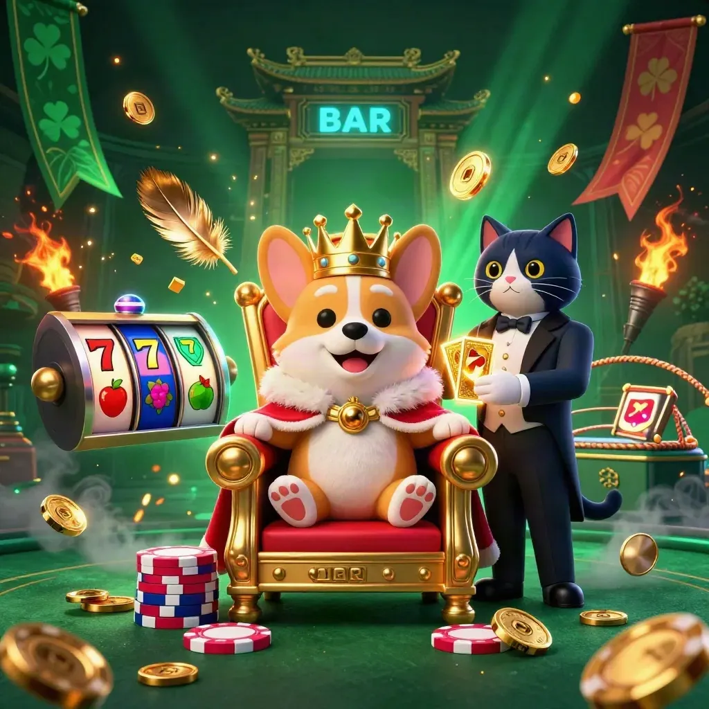 Royal corgi king and cat butler amid casino loot, temple gate, rings, coins, and neon fire