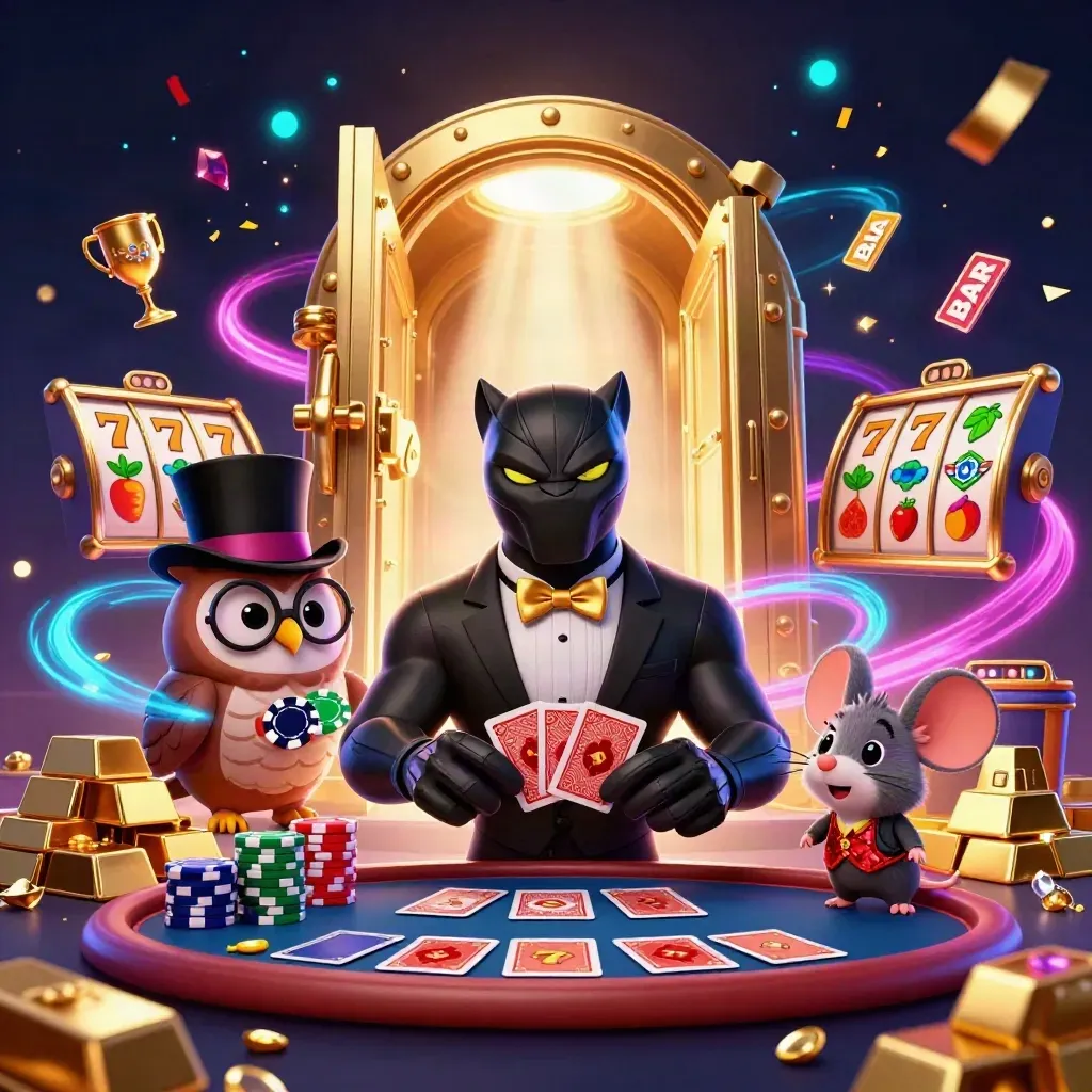 Panther, owl and mouse casino heroes amid vault glow, chips, gold and neon effects
