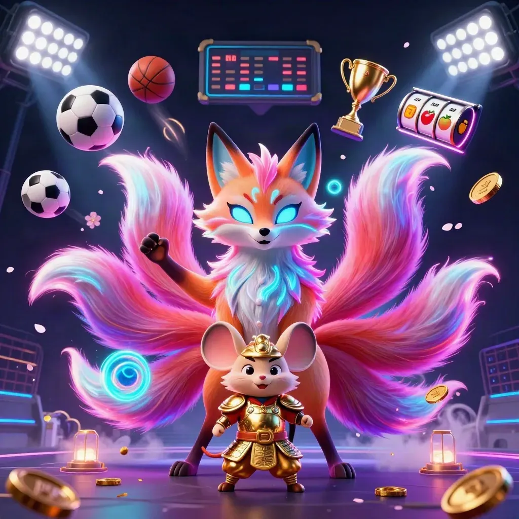 Nine-tailed fox spirit and armored mouse amid neon casino sports and slot effects.