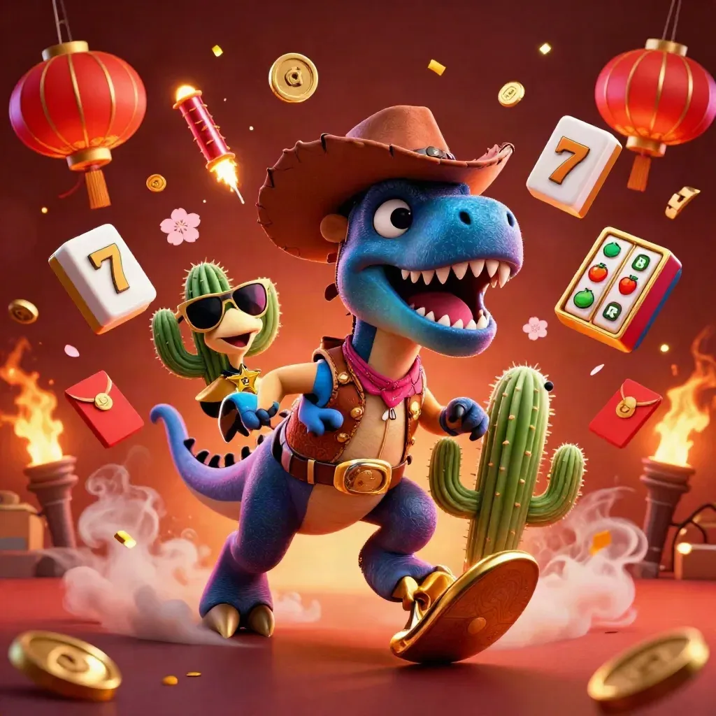 Cowboy T-Rex trio blasting through casino luck symbols in neon magenta and gold.