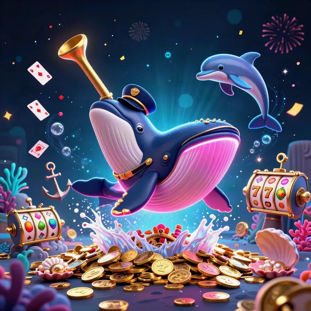 Whale captain, narwhal, and dolphins in a glowing casino treasure cove with coins and neon effects.