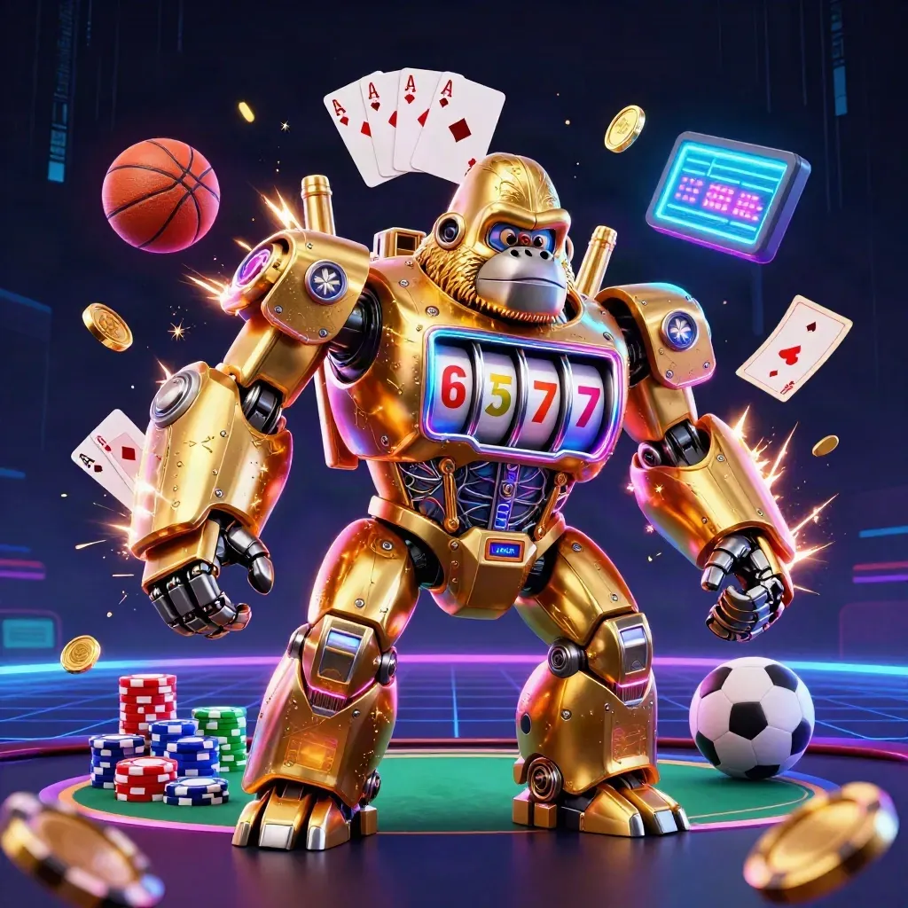 Golden gorilla slot-mech with monkey pilot, chips, cards, and neon casino energy