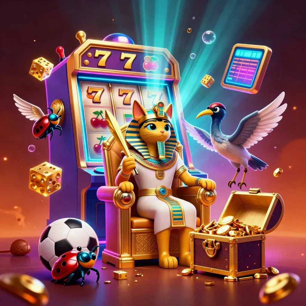 Pharaoh cat, ibis scribe, and scarabs amid slot jackpots, gold, and neon sports props.
