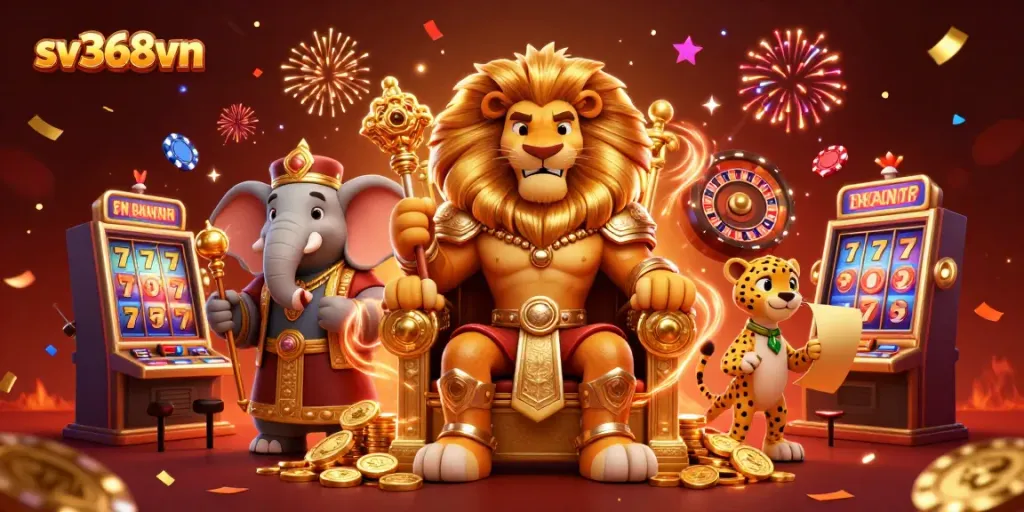 Engage in thrilling gameplay with sv368vn at an extravagant online casino featuring a regal lion king and exciting gaming elements.