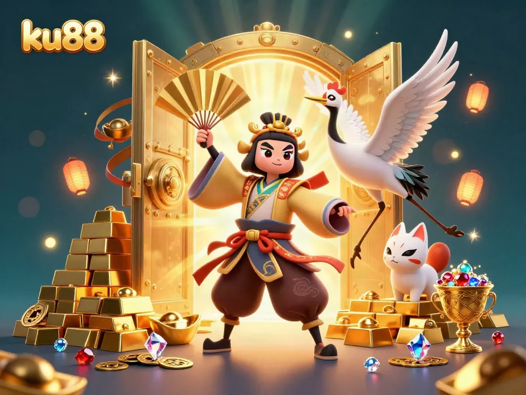 Animate winning plays at ku88 casino with vibrant kabuki characters amidst gold treasures.