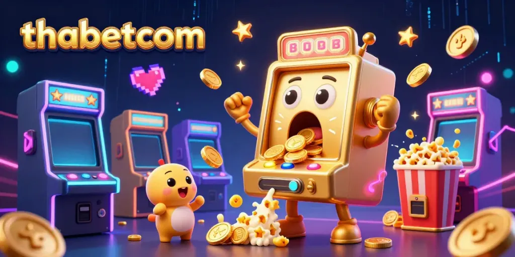 Experience the thrill of thabetcom with golden slot machines celebrating a jackpot, surrounded by dynamic arcade elements.