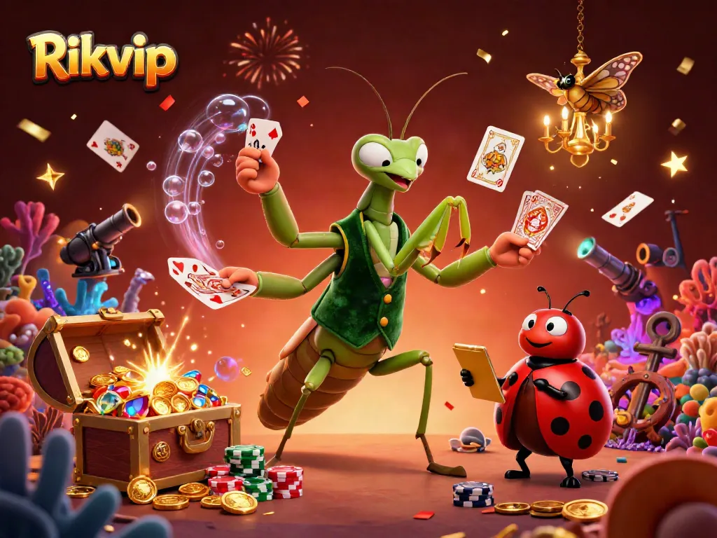 Rikvip gaming scene with a mantis card sharp and ladybug pit boss celebrating wins amidst sparkling treasures.