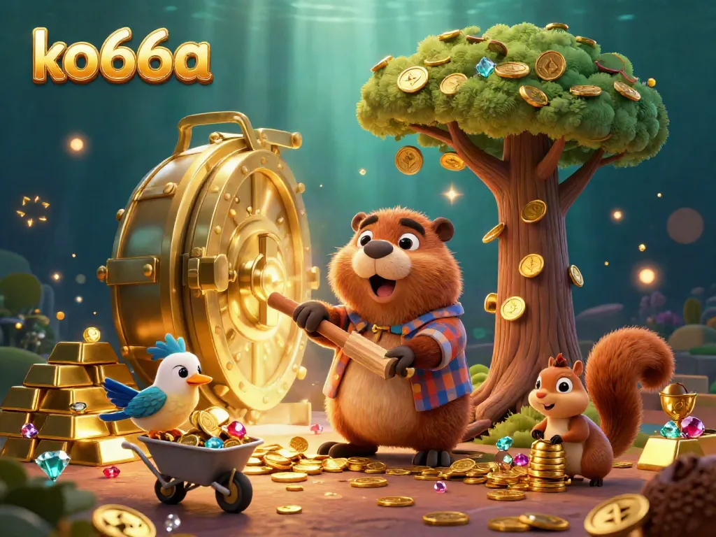 Play and win at ko66a with a fun and rich treasure scene featuring cartoon characters and casino elements.