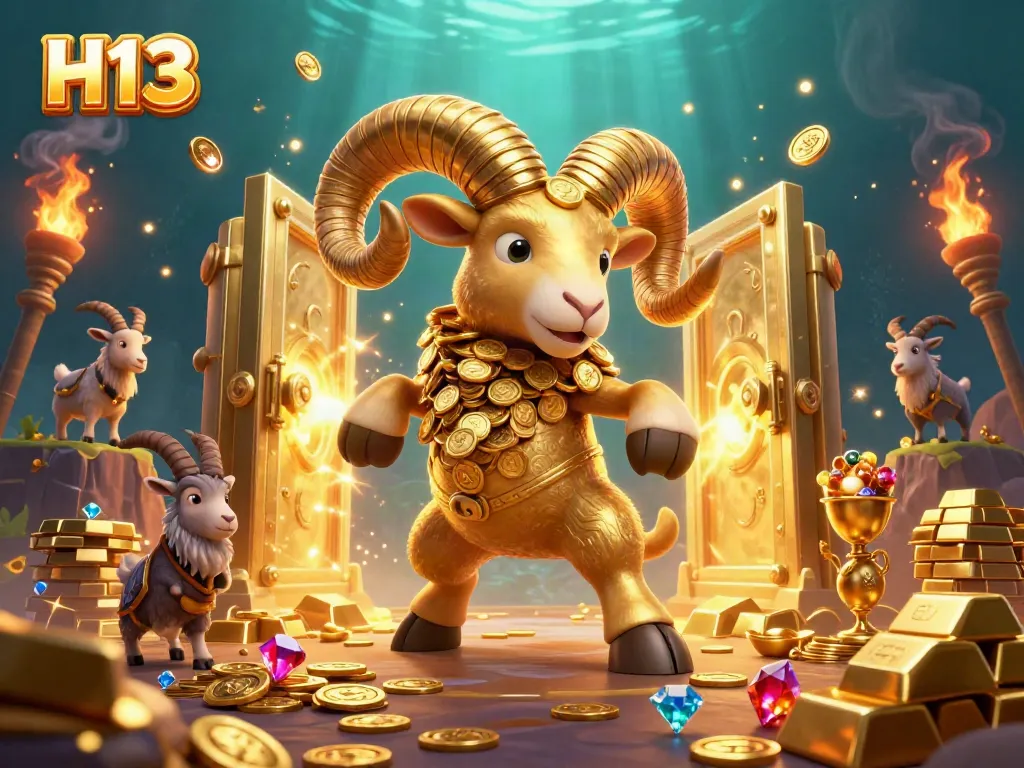 Experience thrilling gameplay with H13's vibrant casino elements featuring golden treasures and a dynamic 3D scene.