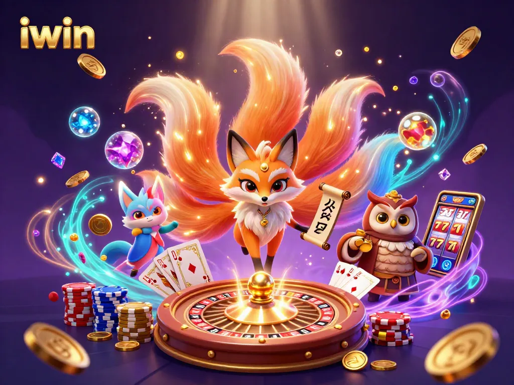Experience thrilling wins with iwin's vibrant 3D casino scene, featuring a glowing nine-tailed fox and magical casino elements.