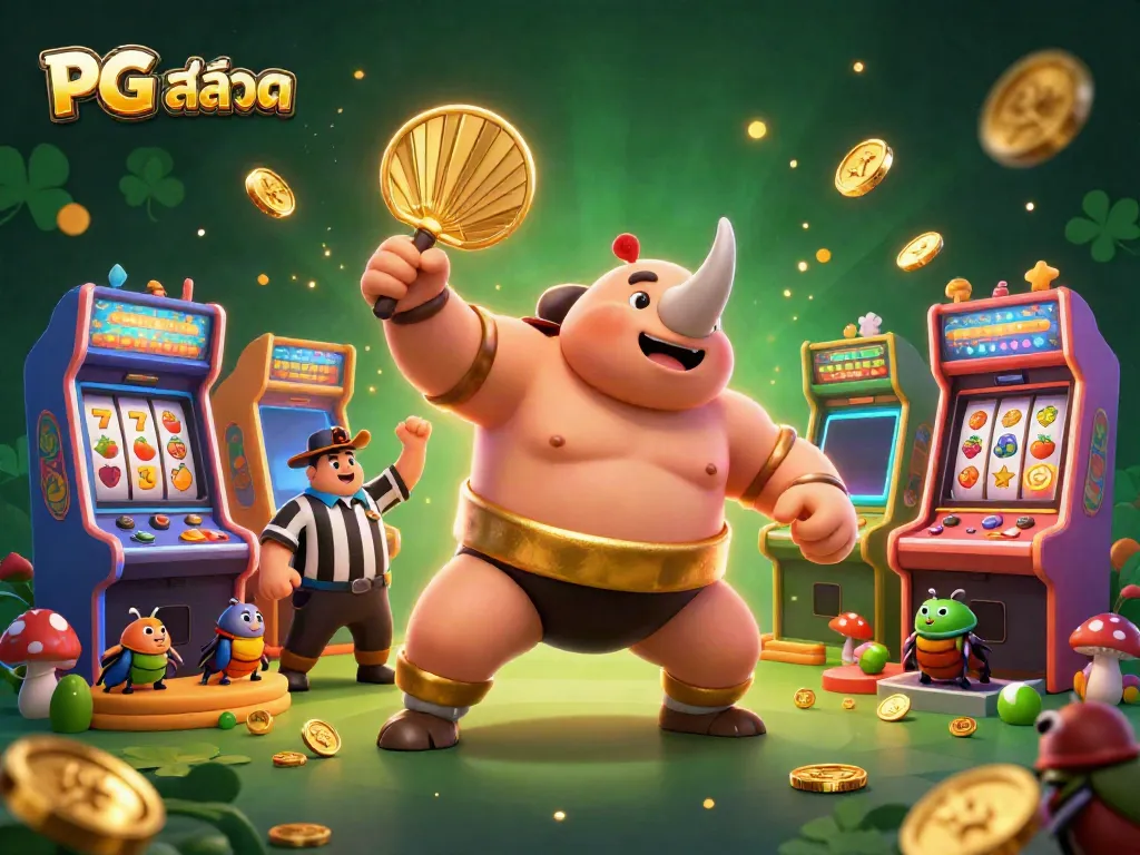 Engage with PG สล็อต as a cartoon rhinoceros beetle champion triumphantly stomps, scattering gold coins.