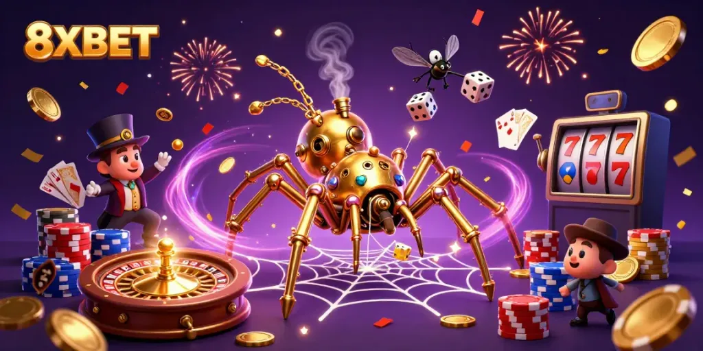 Experience the excitement of 8XBET with a dynamic scene of a golden spider and a charming fly trapped in a web of casino elements.