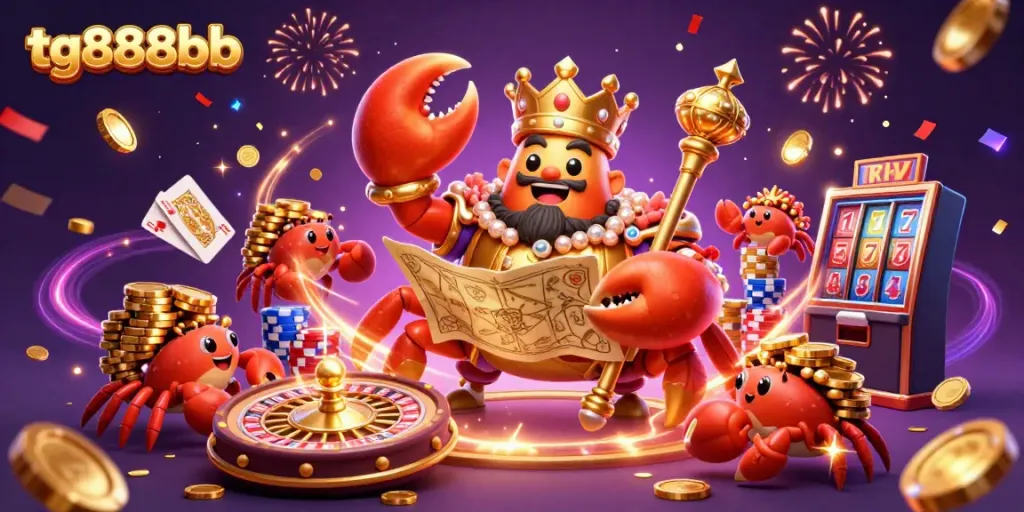 Join the festive action with tg888bb's massive golden crab emperor, surrounded by treasure and excitement.