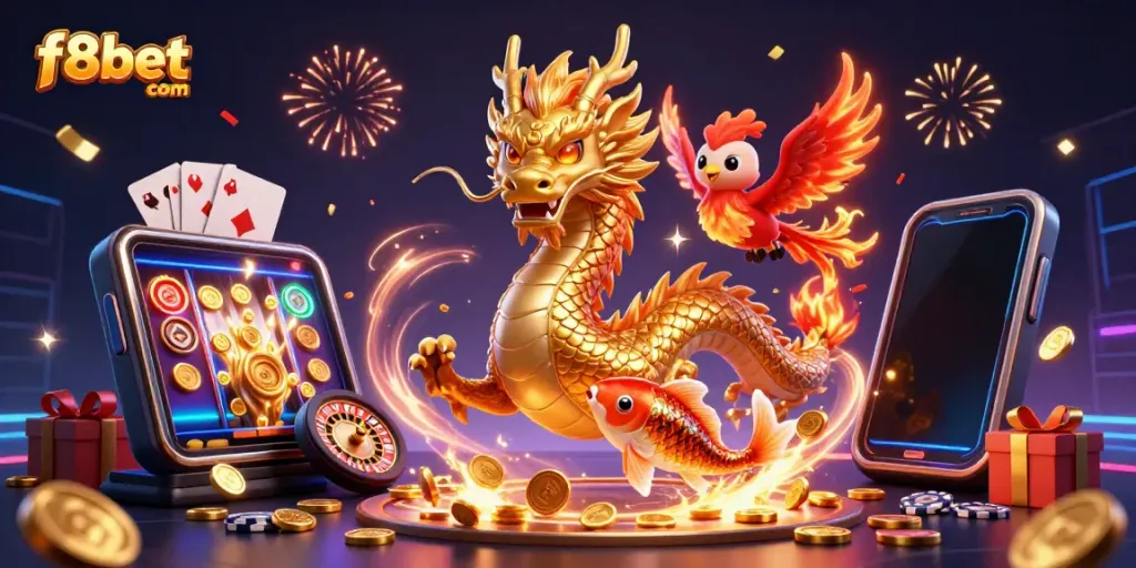 Engage with thrilling gameplay at f8bet com with vibrant dragons and golden coins in an epic casino scene.