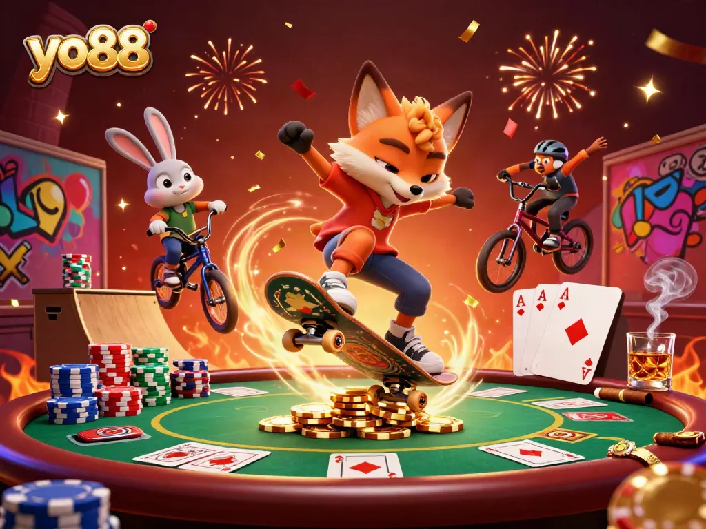 Watch the 3D cartoon fox skateboarder perform tricks over golden poker chips at yo88 casino.