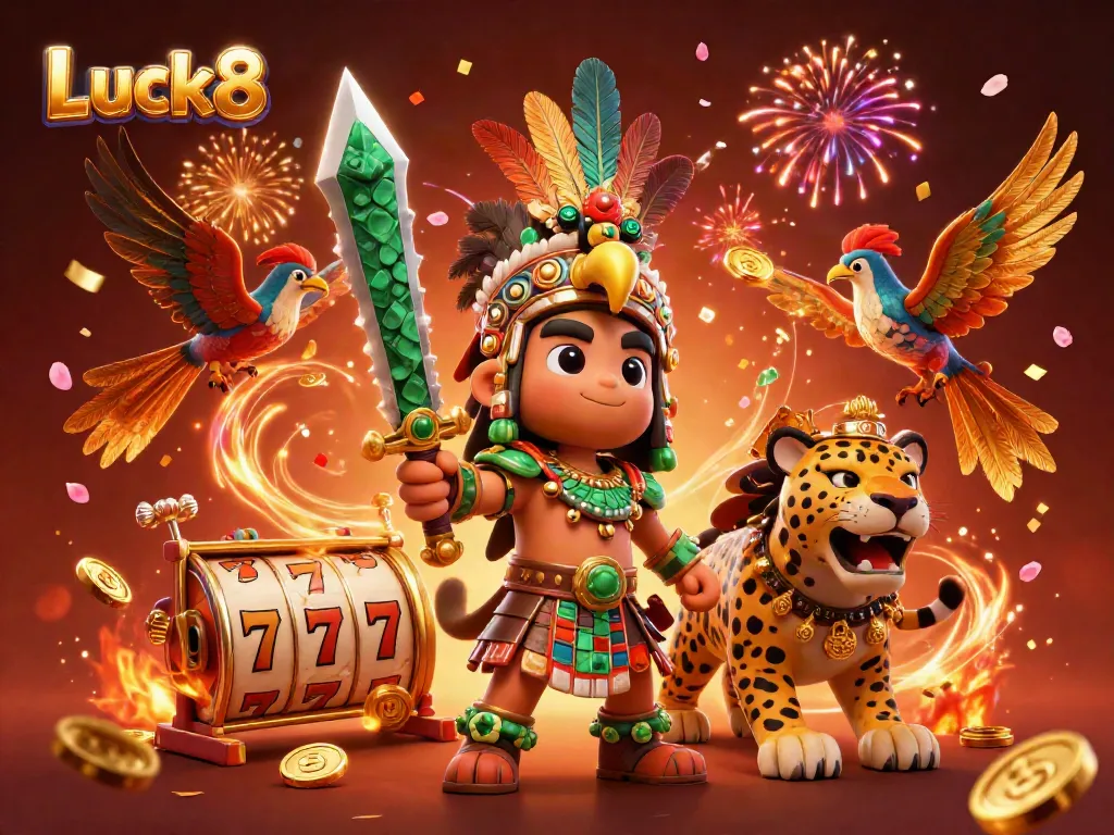 Experience the thrill of Luck8 with vibrant slot reels and colorful fireworks in an engaging casino scene.
