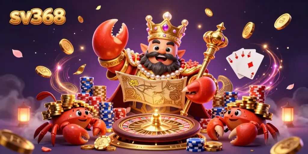 Experience exciting gameplay at sv368 with a golden crab emperor amidst dynamic casino elements.
