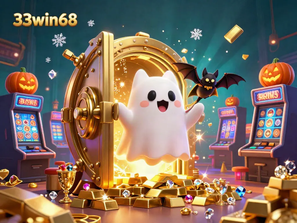Capture the excitement of 33win68 in a vibrant casino scene featuring a ghost cat, vampire bat, and glowing jack-o-lanterns.
