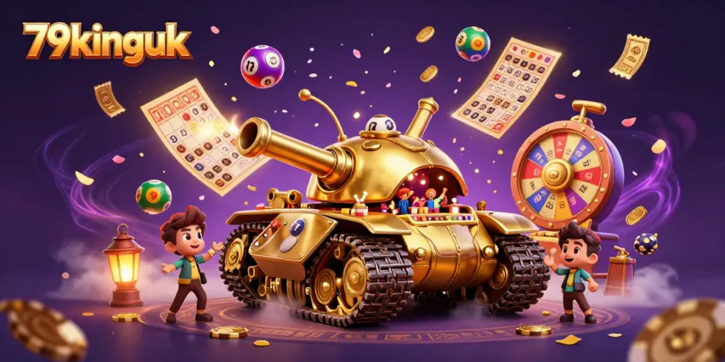 Engage in exciting games at 79kinguk with a vibrant 3D casino illustration featuring lively elements.