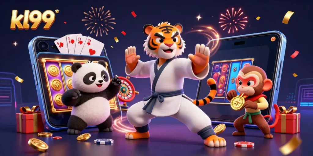 Experience excitement with kl99 featuring a kung fu tiger, a panda disciple, and engaging casino elements.