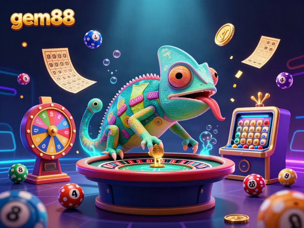 Experience the vibrant gem88 casino world with dynamic lottery balls and a chameleon owner.