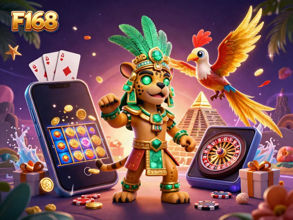 Experience F168's dynamic casino gameplay with vibrant 3D illustrations showcasing exciting slot games and characters.