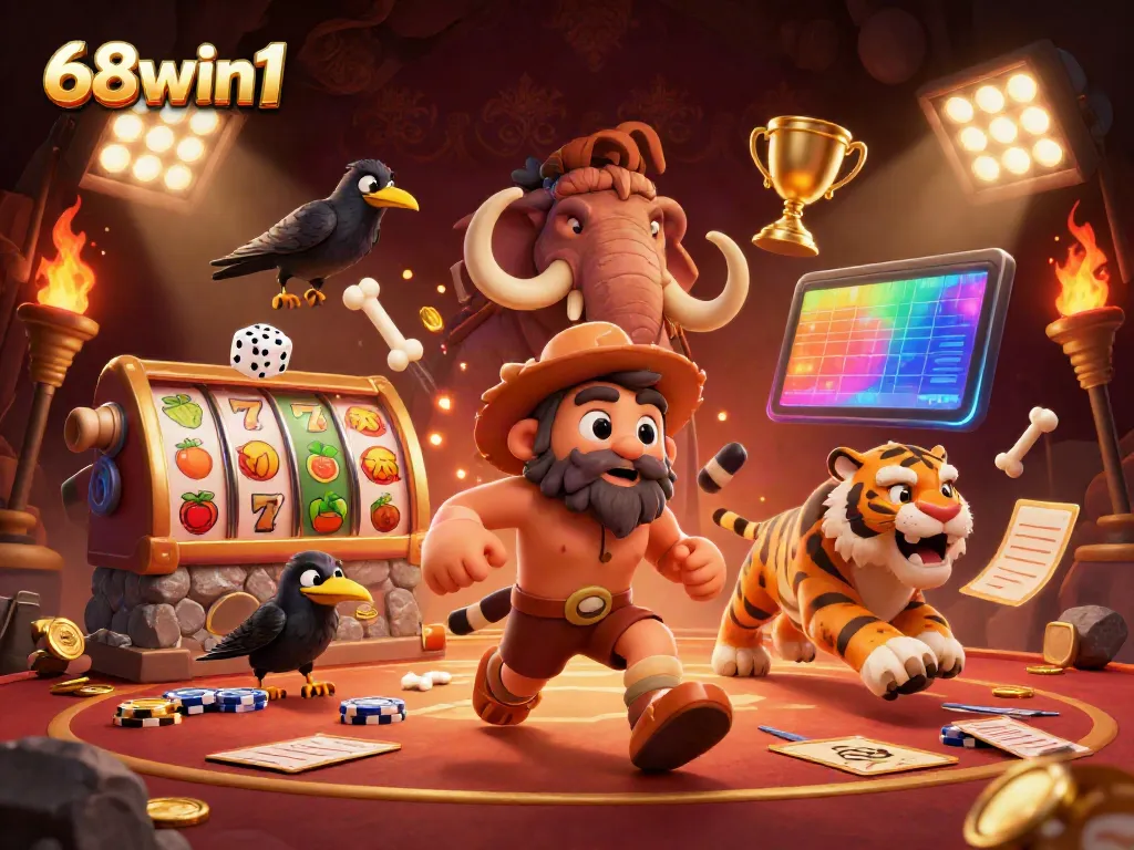 Experience thrilling gameplay at 68win1 with an entertaining casino scene featuring characters and gaming elements.