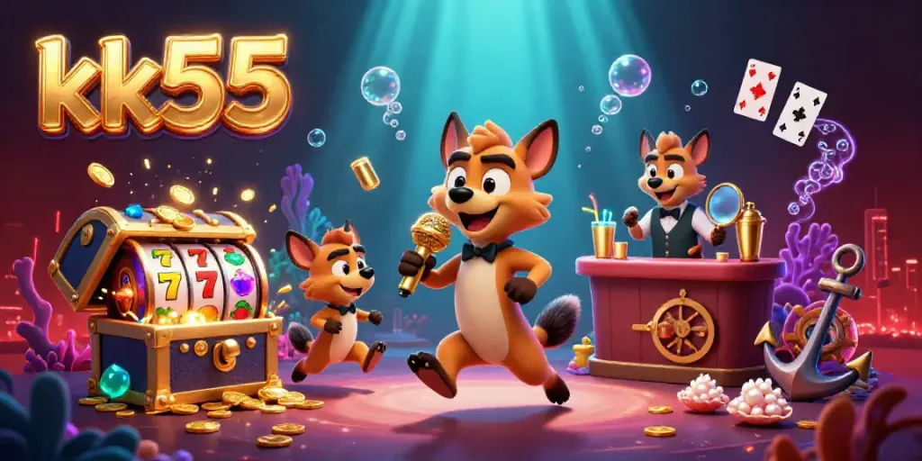 Join the fun at kk55's comedy casino club with cartoon hyenas in an engaging, vibrant scene.