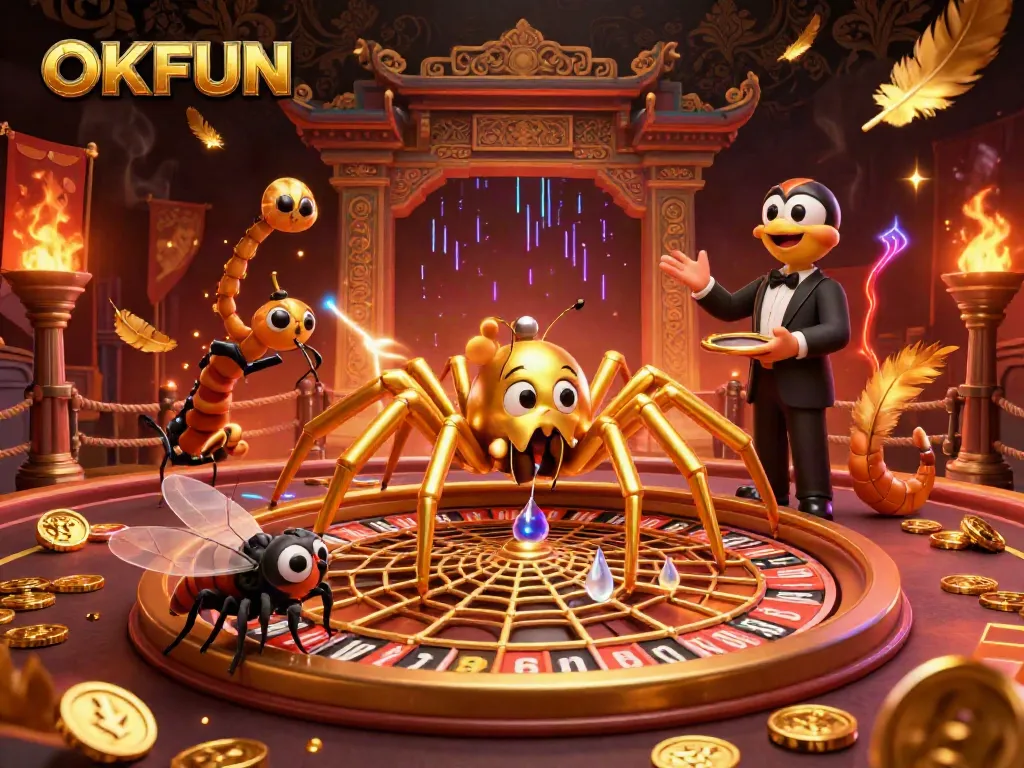 Engage with OKFUN as a golden spider spins a roulette wheel web in a vibrant casino scene full of energy.