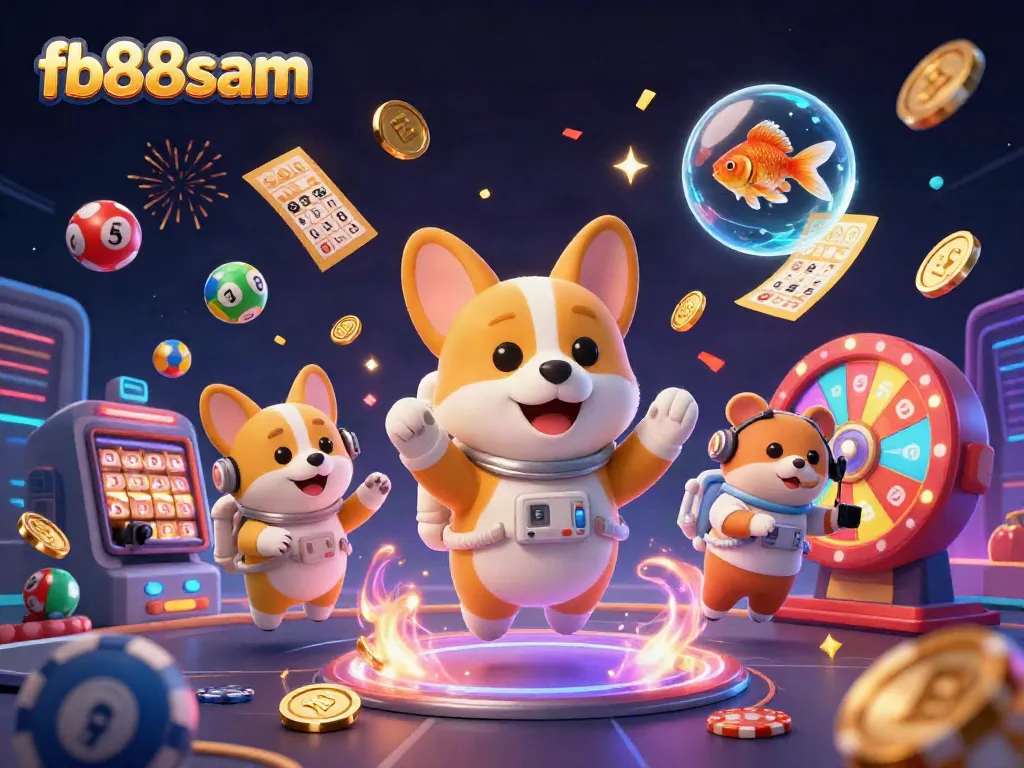 Play exciting games at fb88sam casino with animated corgi and hamster in a vibrant 3D scene.