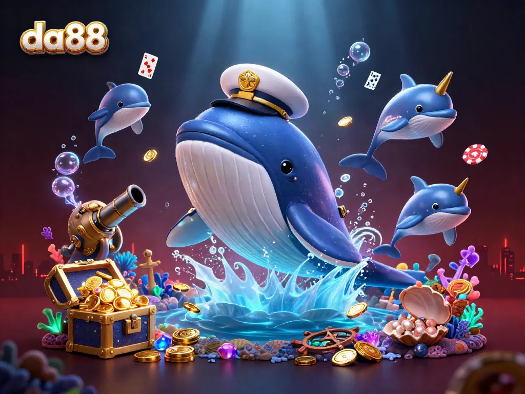 Join the fun with da88 as a whale captain greets playful dolphins in a rewarding casino ocean!