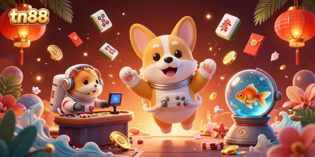 Experience thrilling gaming at tn88 with a cartoon astronaut corgi navigating a space casino.