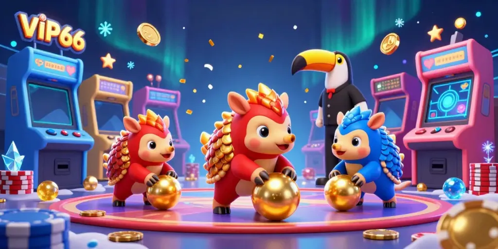 Experience VIP66 with rival pangolins competing amid colorful casino elements and glowing machines.