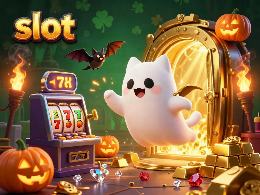 Engage with the fun of slots in a haunted casino scene featuring a ghost cat and a vampire bat.