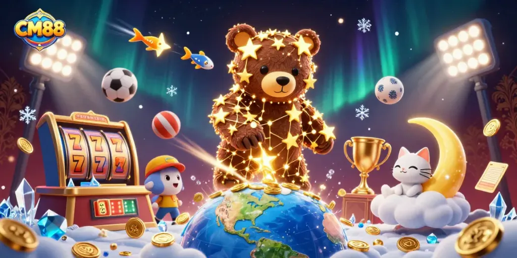 Engage with CM88's thrilling slots and jackpots as constellation characters celebrate winning moments in a vibrant casino.