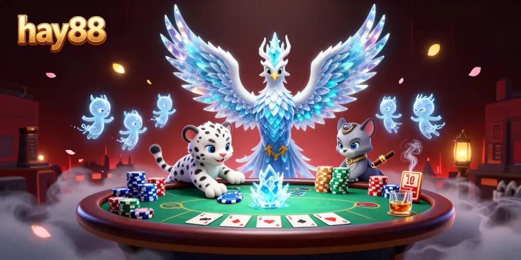 Experience thrilling gameplay with the vibrant ice phoenix and snow leopard at hay88's casino scene.